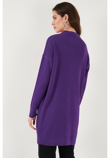Lela V Yaka Düğmeli Uzun Triko Bayan Hırka 4616040Y Mor