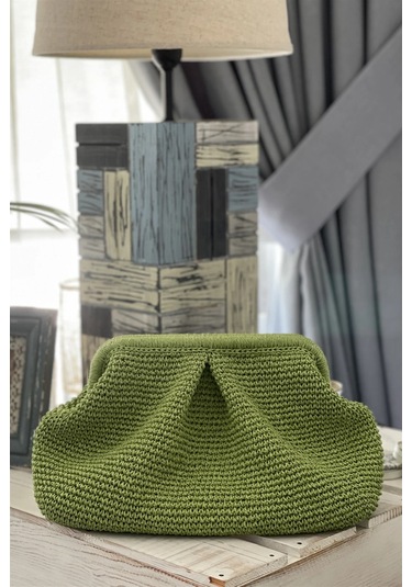 El Yapımı Açık Yeşil Renkli Pileli Örgü El Çantası Yeşil