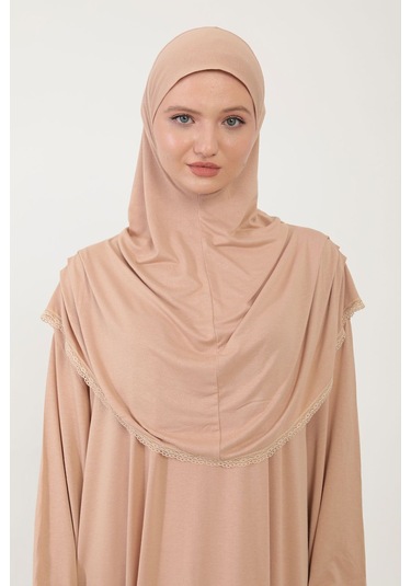 Kadın Tesettür Pamuklu Başörtülü Namaz Elbisesi Dantelli Tek Parça Penye Kumaş Bej