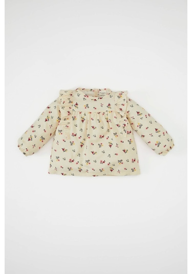 Defacto Kız Bebek Bisiklet Yaka Twill Çiçek Desenli Uzun Kollu Gömlek D2993A524AUBG744 Bej