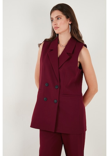 Lela Oversize Fit Mono Yaka Kolsuz Düğmeli Ceket Bayan Yelek 6521177 Bordo