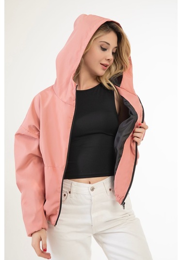 Riverstorm Kadın Pudra Su Ve Rüzgar Geçirmez Kapüşonlu Cepli Oversize Yağmurluk - Rüzgarlık Pudra