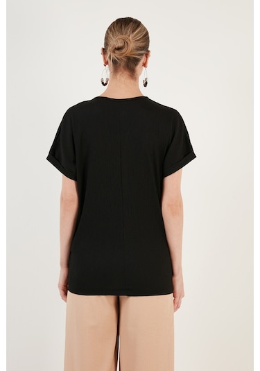 Lela Düğme Detaylı V Yaka Bayan Bluz 5865567 Siyah