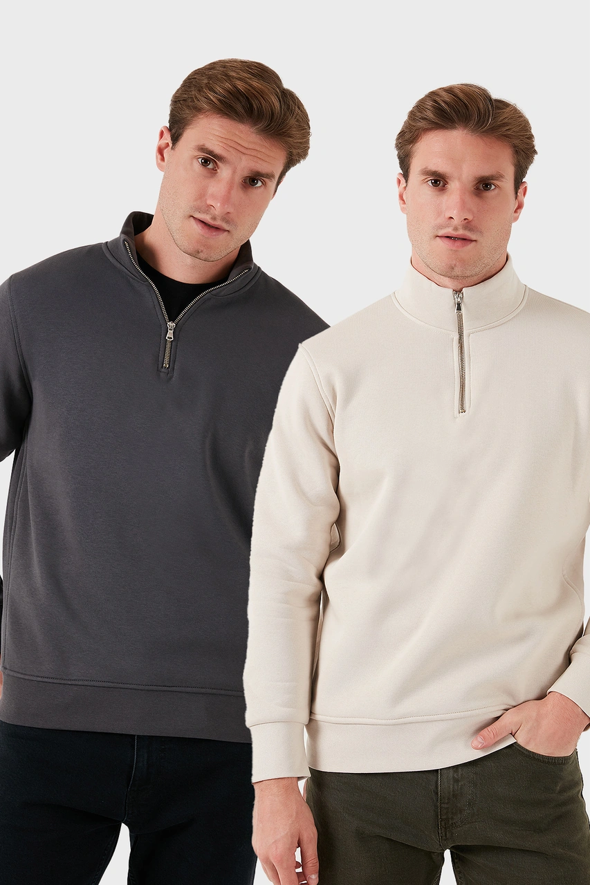 Buratti Pamuklu Regular Fit Dik Yaka 2'Li Paket Erkek Sweat 59052592S2 Kum-Antrasit