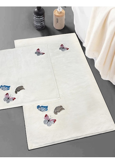 Beolle Ekru 2li Kelebek Nakışlı Pamuklu Banyo Paspası Renkli