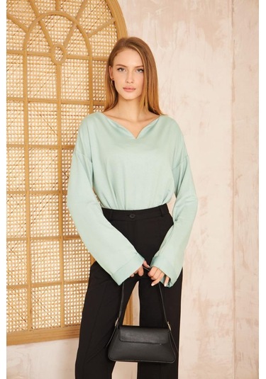 Kadın Ekstra Uzun Duble Kol / Yakası Yırtmaçlı Salaş Sweatshirt Bluz 3470190 Mint