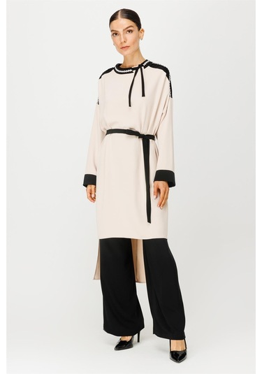 Yakası Taş İşleme Detaylı Kuşaklı Tunik Pantolon Takım Taş-taş Taş