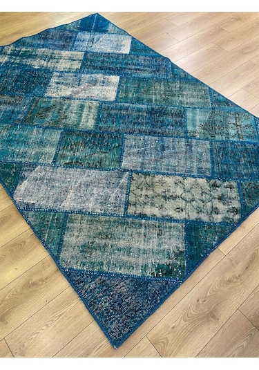 Çam Halı PW729 Turkuaz El Dokuma Patchwork Yün Halı