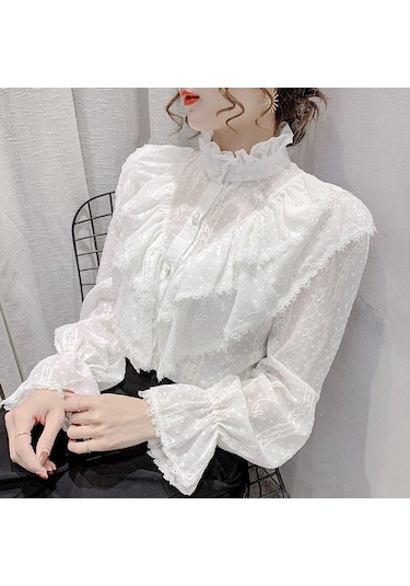 Moda Fırfır Vintage Bluz Kadınlar Zarif Uzun Kollu Dantel Gömlek Gevşek Şifon Gömlek Standı Yaka Pilili Blusas Tops 15832 Kayısı Açık Bej