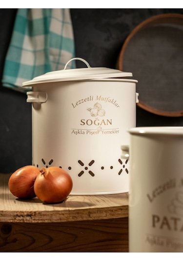 Lüx Metal Patates Soğanlık Kovası Sebze Saklama Kabı Krem Siyah