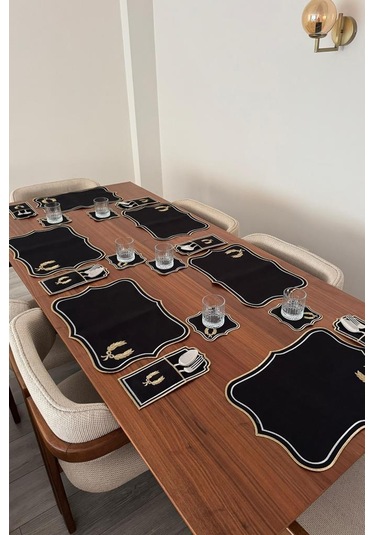 Edalım Keten Nakışlı Amerikan Servis Takımı 19 Parça Siyah Siyah