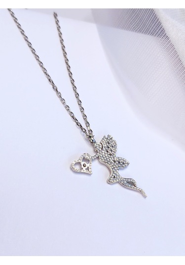 Keskin Gümüş Gümüş Zirkon Taşlı Kalpli Su Perisi Trend Kadın Kolye