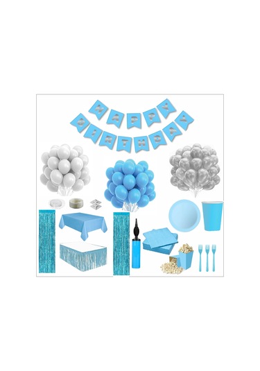 Mavi Beyaz 16 Kişilik Full Doğum Günü Seti