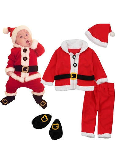 Suntek Bebek Erkek Kız Noel Baba Kostüm Seti 4 Adet Kırmızı