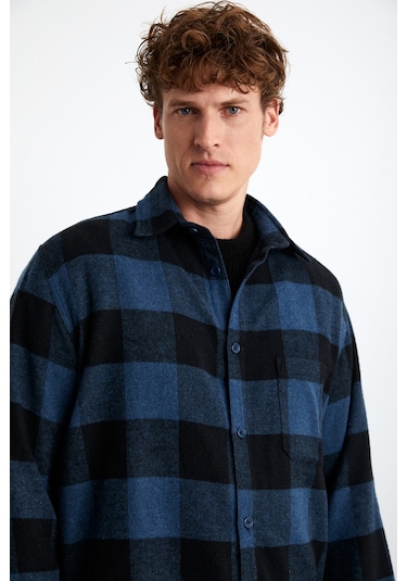 Wıldy  Erkek Pamuk-polyester Gömlek Yaka Relaxed Oduncu Mavi Gömlek