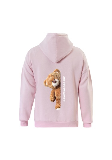 Unisex Are You Ok Honey Baskılı Kapüşonlu İçi Yumuşak Polarlı Oversize Sweatshirt - Pembe Pembe