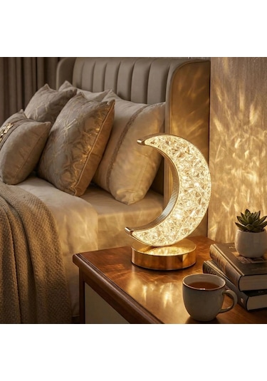 Buffer Hilal Ay Model Kristal Led Masa Lambası Dokunmatik, 3 Renk Işık Modlu, Şarjlı Mini Dekorat Çok Renkli