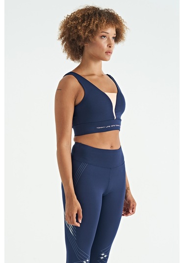 Tommy Life İndigo Yazı Baskılı Renk Bloklu Dar Kalıp Dalgıç Kumaş Kadın Büstiyer - 97271 İndigo