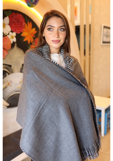 Çift Taraflı Kazayağı Desenli Atkı Omuz Şalı 70x185 CM 1212 Antrasit