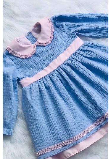 Dantel Ve Fiyonk Detaylı Mavi Pembe Kız Çocuk Bebek Bürümcük Pamuk Elbise 001