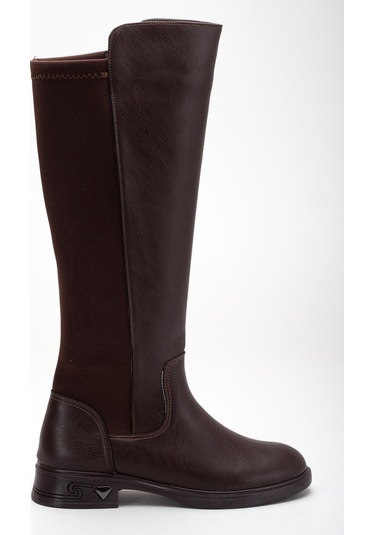 Kahverengi Kadın Çizme Düz Taban Streç Fermuarlı-4332 Kahverengi