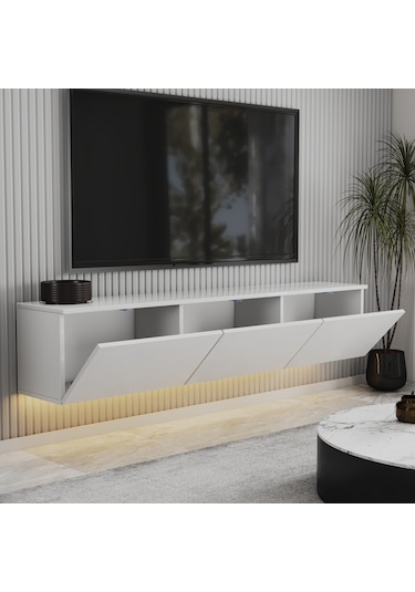 T0020 Alston Duvara Monte Tv Ünitesi Led Işıklı, Modern Tasarım, 160 Cm - Parlak Beyaz Parlak Beyaz