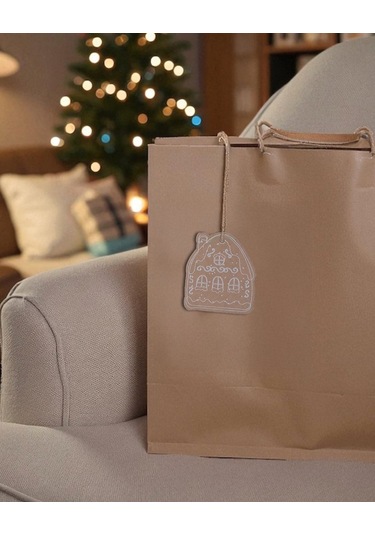 Yılbaşı, Gingerbread Ev Tasarımlı Hediye Etiket & 10m Jüt İp Seti