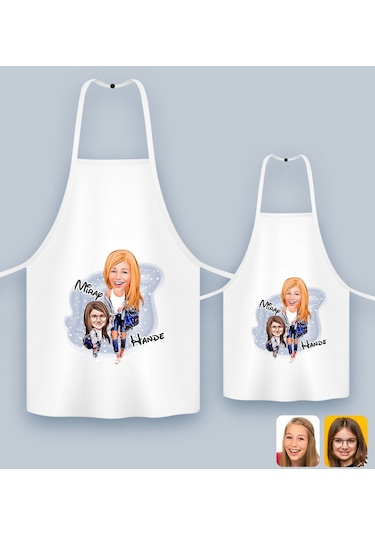 Bk Gift Kişiye Özel İkili Anne Kız Karikatürlü Mutfak Önlüğü Seti-2, Anneye , Anneler Günü leri