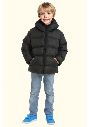 Erkek Çocuk Polarlı Kapüşonlu Su Geçirmez Rüzgara Dayanıklı Şişme Kışlık Mont Siyah