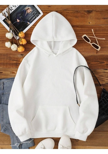 Düz Basic Sweatshirt - Beyaz Oversize Kapüşonlu Beyaz