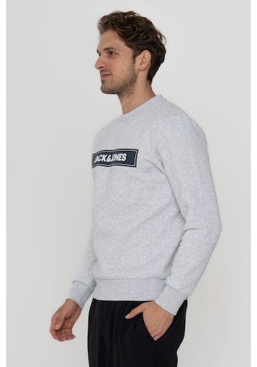 Jack & Jones Erkek Gögüs Logo Baskılı Sweatshirt - Minder 12193076 Beyaz Beyaz Melanj