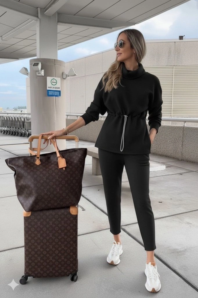 Tua Moda Kadın Uzun Kollu Balıkçı Yaka Belden Lastikli Modal Bluz Ve Pantolon Ikili Takım Siyah