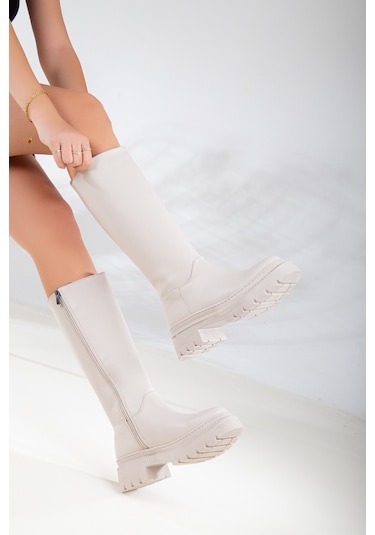 D812 Kadın Çekme Günlük Çizme Bot Garantili Ürün Bej