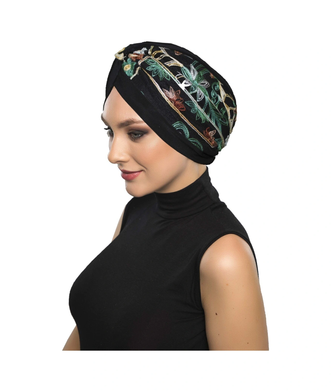 Otantik Nakış Motifli Astarlı Hazır Türban Tesettür Bone Siyah Motif 5