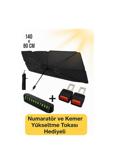 Oto Güneşlik Her Araca Uyumlu Universal Araba Güneş Gölge Koruyucu Şemsiye Oto Ön Cam Güneşlik - Fosforlu Numaratör Ve Kemer Tokası