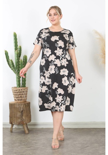 Kadın Siyah Vizon Sarmaşık Desen Midi Elbise Siyah - Turuncu