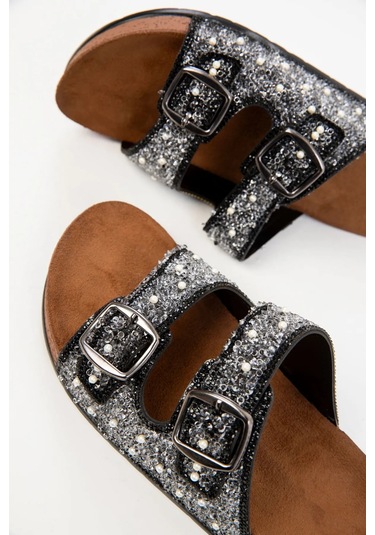 Yazlık Kadın Ortopedik Taşlı Havuz Günlük Çift Tokalı Terlik Antrasit