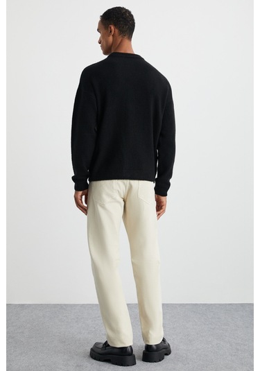 Tromso Erkek Bisiklet Yaka Oversize Recycle Triko Triko Siyah Kazak