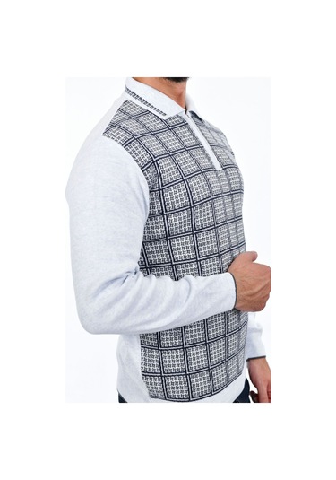 Kamalı Yakalı Baba Kazak Çizgili Baba Kazak Baba Triko Yakalı Erkek Kazak Polo Yaka Beyaz