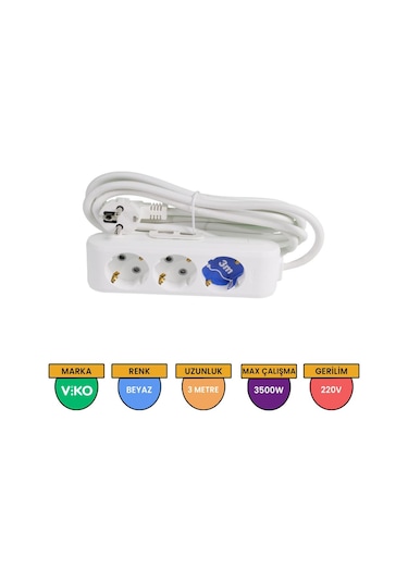 Viko Multi-let 3'lü Grup Priz Topraklı Çocuk Korumalı 3 Metre Beyaz – 90113303