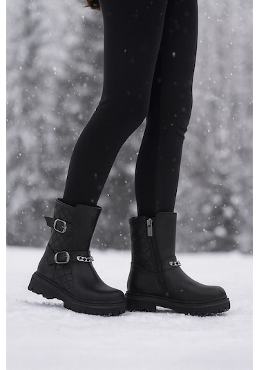 Ortopedik Bağcıklı Fermuarlı Kız Çocuk Bot Ayakkabı Siyah Kız Çocuk Bot Siyah - Siyah