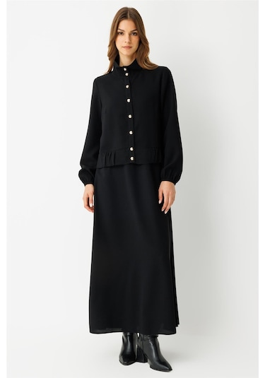Büzgü Detaylı Elbiseli Takım Siyah Siyah