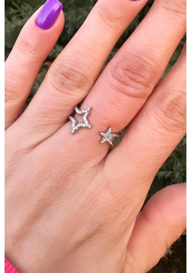 Çift Yıldız Ayarlanabilir Gümüş Renk Yüzük - Zirkontaşlı Silver