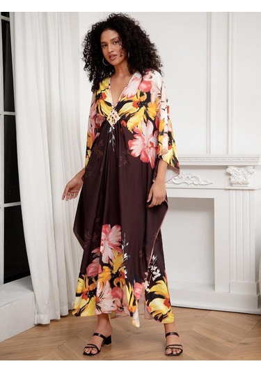 Edolynsa Şık Bohem Kadın Kaftan Kaftan Büyük Beden Ev Elbisesi Yarasa Kol Ev Giyim Mayo Örtüsü Ev Giyim Q1289 Çok Renkli