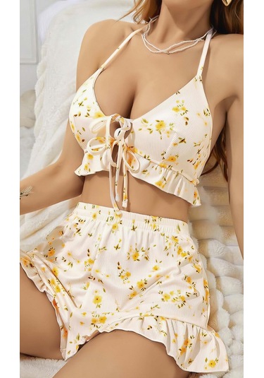 Kadın Çiçekli Ekru Askılı Şortlu Pijama Takım 5017 Ekru