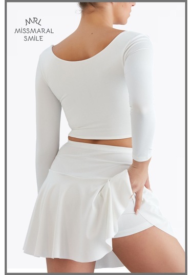 Beyaz Yüksek Bel Volanlı Şortlu Spor Etek Deniz Şortu Skirt With Shorts Beyaz