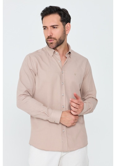 White Stone Açık Kahverengi %100 Pamuk Regular Fit Erkek Uzun Kollu Gömlek A.Kahverengi