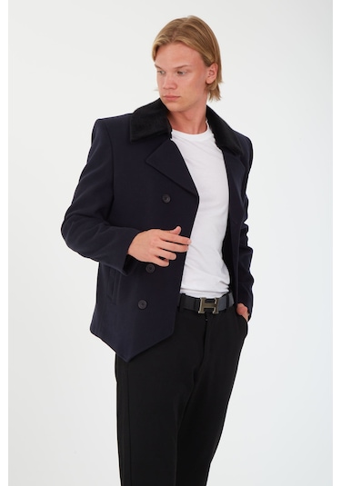 Sposo1702 Yaka Çıkmalı Kruvaze Yünlü Kaşe Lacivert Erkek Kısa Kaban Lacivert