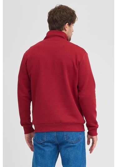 Unisex Regular Fit Rahat Kesim Pamuklu Içi Polarlı Yarım Fermuarlı Bordo Dik Yaka Sweatshirt Bordo