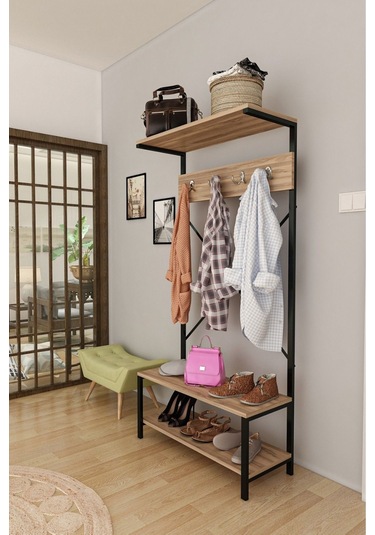 Vesta Serisi Ayakkabılık Ve Portmanto & Askılık Ceviz Renkli Raflı Beyaz